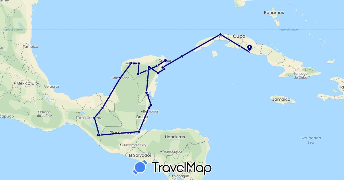 TravelMap itinerary: driving in Belize, Cuba, Guatemala, Mexico (North America)